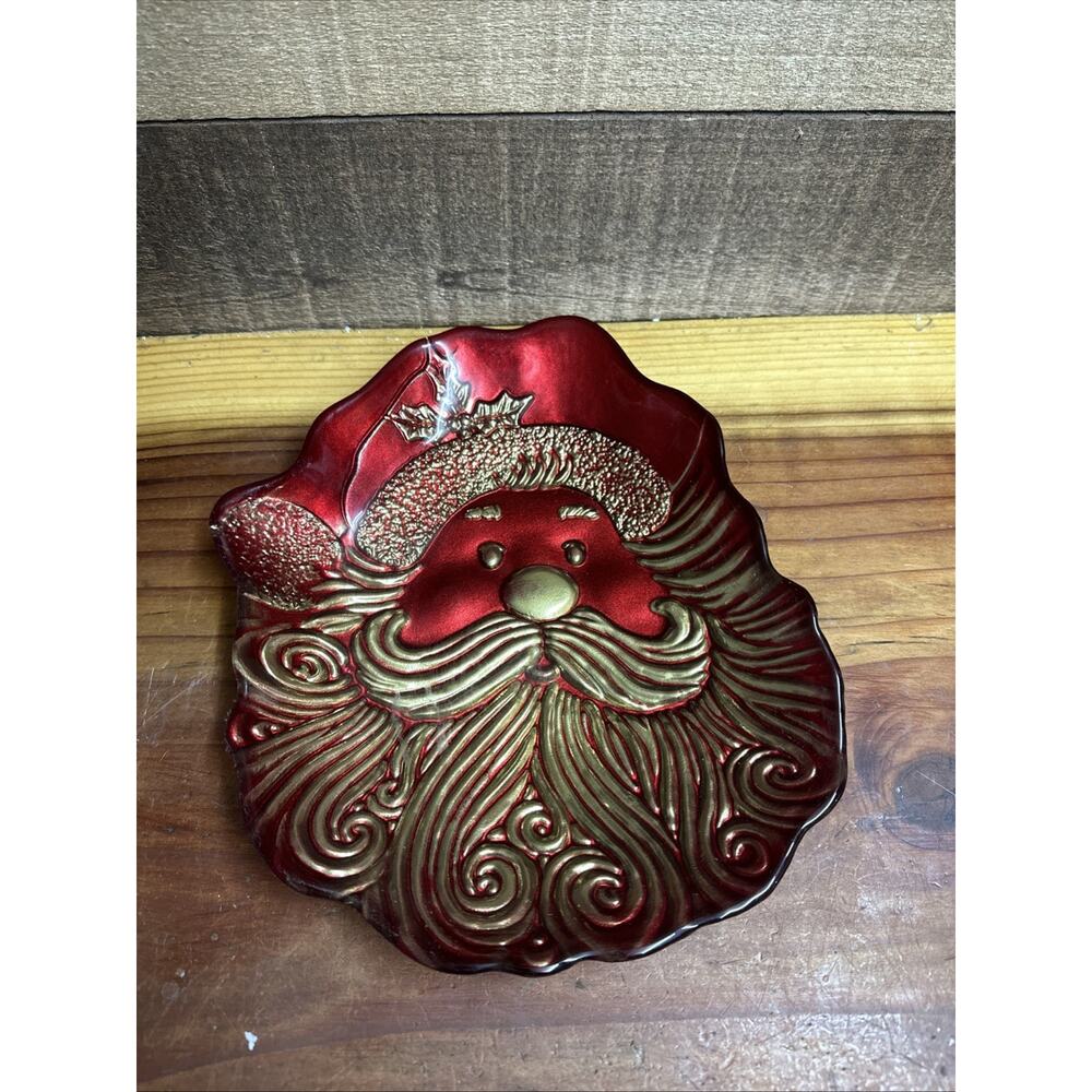 Christmas Santa Claus Face Large Glass Serving Dish Red/ GOLD Candy Plate
